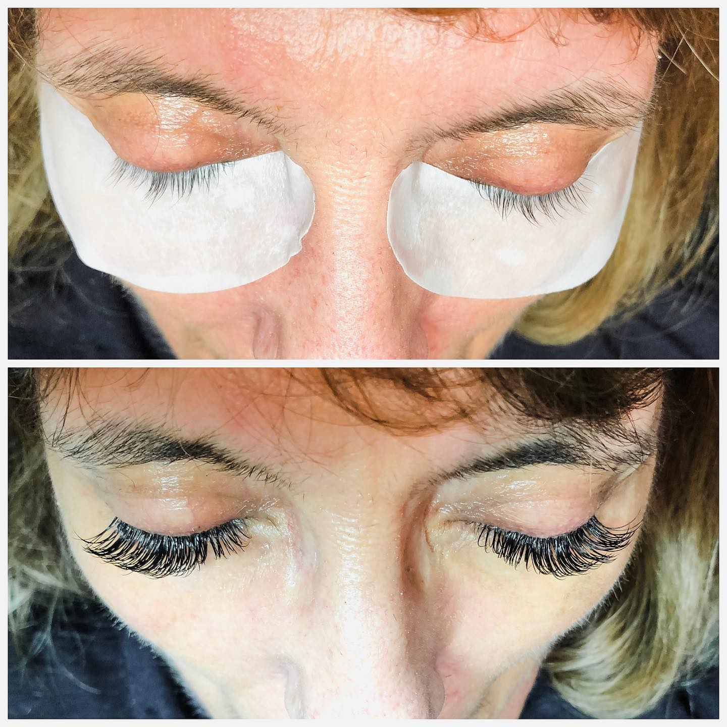 Two stacked close-ups showing natural lashes and a fuller curled lash look.